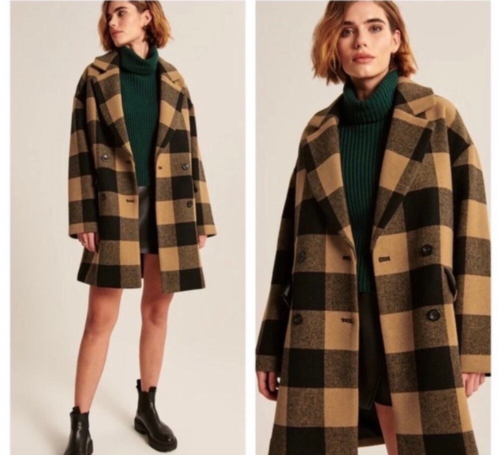 Abercrombie & Fitch Wool Blend Plaid Coat XS Black Brown Oversized Pea Coat